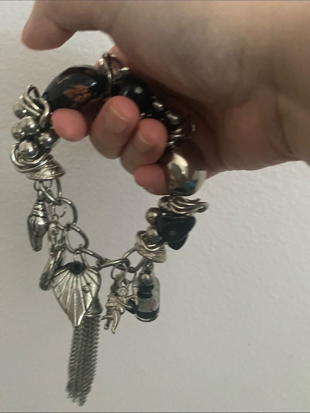 Silver-tone Black Bead Charm Bracelet - Women Jewelry
